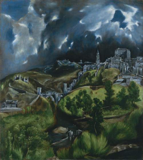 Look at the view of toledo, a mannerist painting done by el greco in 1604. what is most noteworthy a