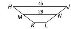In trapezoid hjlk, m and n are midpoints of the legs. find kl. me