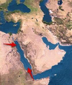 Arrows on this map are pointing to the a) red sea. b) arabian sea. c) persian gulf.  d) strait