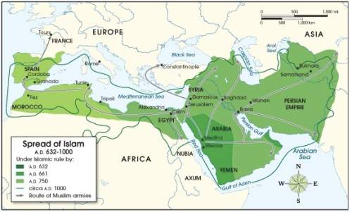 the following map shows the spread of islam from 632 a.d. (ce) through 1000 a.d. (ce). use the ma