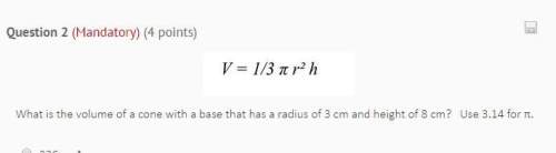 What is the volume of a cone with a base that has a radius of 3 cm and height of 8 cm? use 3.14 for