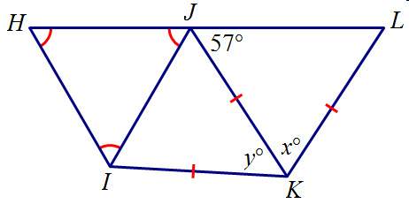 Ineed to pass this exam! given that triangle ihj is equiangular, find x and y.