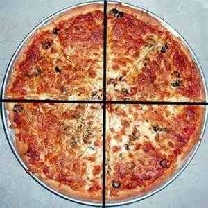 Jake bought the pizza shown above for lunch, which was cut into four equal slices. what percentage o