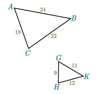 Which statement about the triangles below is true?  triangle bca ~ triangle hkg by sss