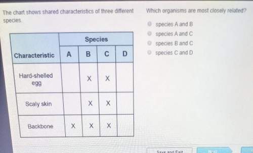The chart shows shared characteristics of three different species which organisms are most closely r