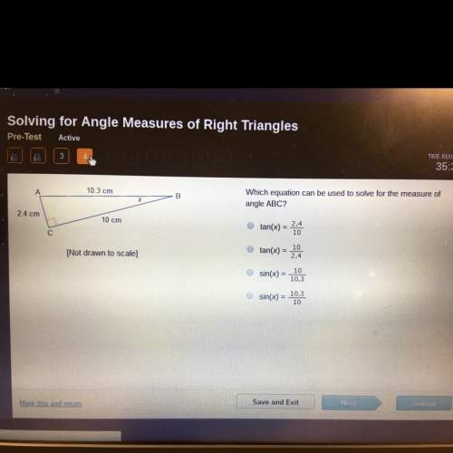 Which equation can be used to solve for the measure of angle abc? tan(x) = 2.4/10 tan(x) =10/2.4 si