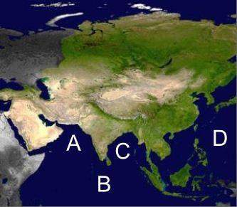 Where is the bay of bengal located on the map below?  a. letter a b. letter