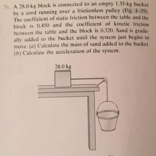 A28kg block is connected to an empty 1.35kg bucket by a cord running over a frictionless pulley. the
