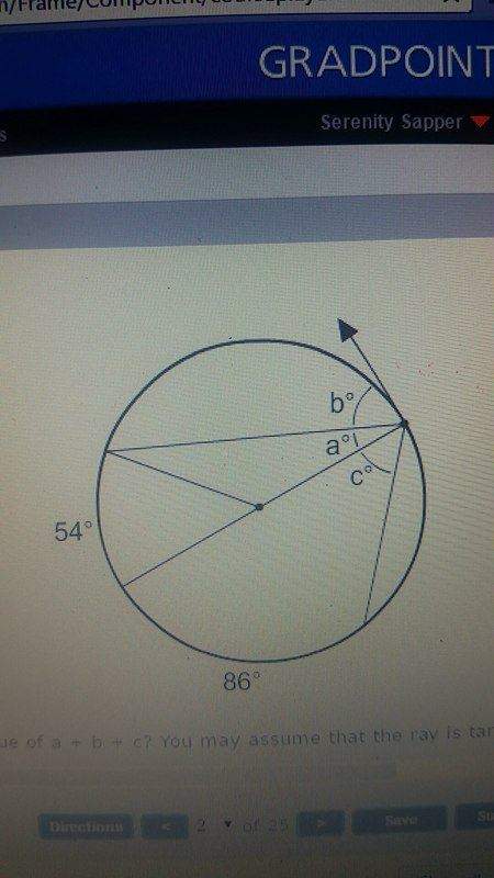 What is the value of a + b+c? you may assume that the ray is tangent to the circle?  a. 86