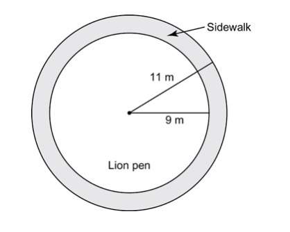 At a zoo, the lion pen has a ring-shaped sidewalk around it. the outer edge of the sidewalk is a cir