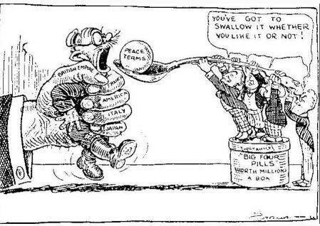 This political cartoon describes the peace process after world war i. answer the following questions