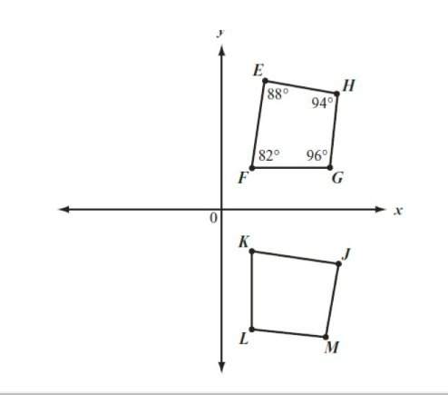 Quadrilateral efgh is rotated 90° clockwise about the origin to create quadrilateral jklm. both quad