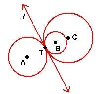 Two circles that have l as a common internal tangent. a. a and b b. a and c