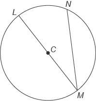 This figure shows circle c with diameter lm and inscribed ∠lmn .  m∠lmn=32°&lt;