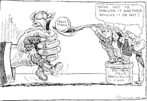 This political cartoon describes the peace process after world war i. answer the following questions