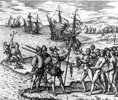 The image by theodor de bry depicts christopher columbus’s landing on hispaniola in 1492. the main p