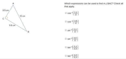 Which expressions can be used to find m∠bac? check all that apply. cos−1 cos−1 sin−1 sin−1 tan−1 ta