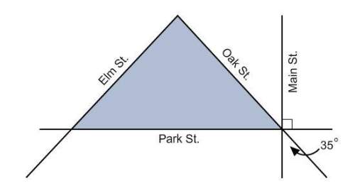 What is the measure of the angle formed by main street and oak street?  45°