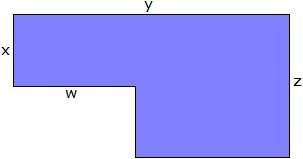 If x = 3 inches, y = 10 inches, w = 5 inches, and z = 5 inches, what is the area of the object?
