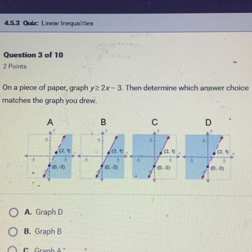 On a piece of paper , graph y&gt; 2x-3. then determine which answer choice matches the graph you dre