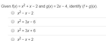 Given f(x) = x2 + x − 2 and g(x) = 2x − 4, identify (f + g)(x).