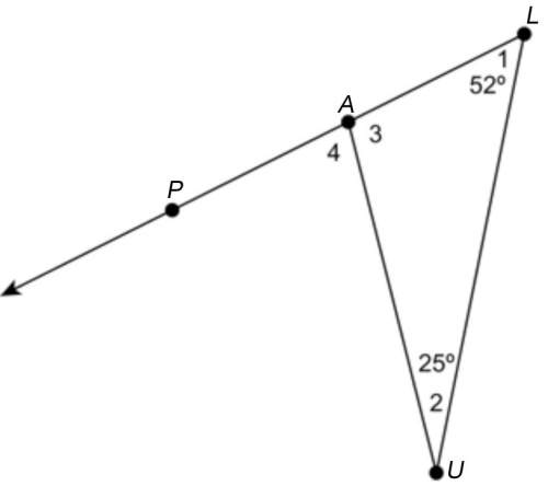 In the figure, ∠4 is an exterior angle to aul. a) explain why ∠4 is equal to the sum of