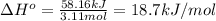 \Delta H^o = \frac{58.16 kJ}{3.11 mol} = 18.7 kJ/mol