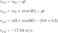 v_f_y = v_0_y - gt\\\\v_f_y = (v_0 \times sine (\theta)) - gt\\\\v_f_y = (42\times sin(60) - (9.8\times 5.5)\\\\v_f_y = -17.53 \ m/s