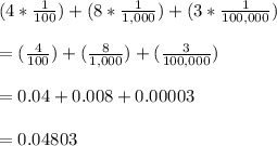 (4*\frac{1}{100})+(8*\frac{1}{1,000})+(3*\frac{1}{100,000})\\ \\ =(\frac{4}{100})+(\frac{8}{1,000})+(\frac{3}{100,000}) \\ \\ =0.04+0.008+0.00003\\ \\=0.04803