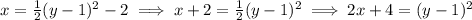 x = {1\over2}(y-1)^2-2\implies x+2={1\over2}(y-1)^2\implies 2x+4=(y-1)^2