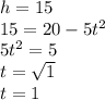 h=15\\15=20-5t^{2}\\5t^{2}=5\\t=\sqrt{1}\\t=1