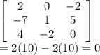 \left[\begin{array}{ccc}2&0&-2\\-7&1&5\\4&-2&0\end{array}\right] \\=2(10)-2(10)=0