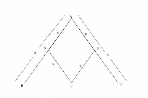 Rhombus adef is inscribed into a triangle abc so that they share angle a and the vertex e lies on th