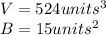 V=524units^3\\B=15units^2