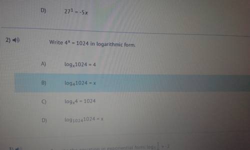 Write 4x=1024 in logarithmic form