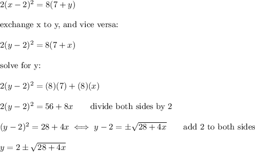 2(x-2)^2=8(7+y)\\\\\text{exchange x to y, and vice versa:}\\\\2(y-2)^2=8(7+x)\\\\\text{solve for y:}\\\\2(y-2)^2=(8)(7)+(8)(x)\\\\2(y-2)^2=56+8x\qquad\text{divide both sides by 2}\\\\(y-2)^2=28+4x\iff y-2=\pm\sqrt{28+4x}\qquad\text{add 2 to both sides}\\\\y=2\pm\sqrt{28+4x}