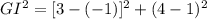 GI^{2} =[3-(-1)]^{2} +(4-1)^{2}