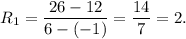R_1=\dfrac{26-12}{6-(-1)}=\dfrac{14}{7}=2.