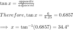 \tan x=\frac{ opposite}{adjacent}\\\\Therefore, \tan x = \frac{6}{8.25} = 0.6857\\\\\implies x = \tan^{-1} (0.6857) ={34.4}^{\circ}