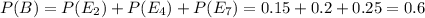 P(B)=P(E_2)+P(E_4)+P(E_7)=0.15+0.2+0.25=0.6