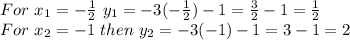 For\ x_ {1} = - \frac {1} {2}\then\ y_ {1} = - 3 (- \frac {1} {2}) - 1 = \frac {3} {2} -1 = \frac {1} {2}\\For\ x_ {2} = - 1\ then\ y_ {2} = - 3 (-1) -1 = 3-1 = 2