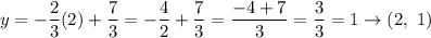 y=-\dfrac{2}{3}(2)+\dfrac{7}{3}=-\dfrac{4}{2}+\dfrac{7}{3}=\dfrac{-4+7}{3}=\dfrac{3}{3}=1\to(2,\ 1)