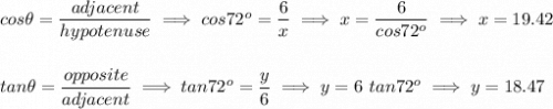 cos\theta=\dfrac{adjacent}{hypotenuse}\implies cos72^o=\dfrac{6}{x}\implies x=\dfrac{6}{cos72^o}\implies x=19.42\\\\\\tan\theta=\dfrac{opposite}{adjacent}\implies tan72^o=\dfrac{y}{6}\implies y=6\ tan72^o}\implies y=18.47\\\\