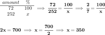 \bf \begin{array}{ccll} amount&\%\\ \cline{1-2} 72&100\\ 252&x \end{array}\implies \cfrac{72}{252}=\cfrac{100}{x}\implies \cfrac{2}{7}=\cfrac{100}{x} \\\\\\ 2x=700\implies x=\cfrac{700}{2}\implies x=350