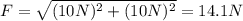 F=\sqrt{(10 N)^2 + (10 N)^2}=14.1 N
