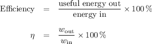 \begin{array}{rcl}\text{Efficiency} & = & \dfrac{\text{useful energy out}}{\text{energy in}} \times 100 \,\% \\\\\eta & = & \dfrac{w_{\text{out}}}{w_{\text{in}} } \times 100 \,\%\\\end{array}