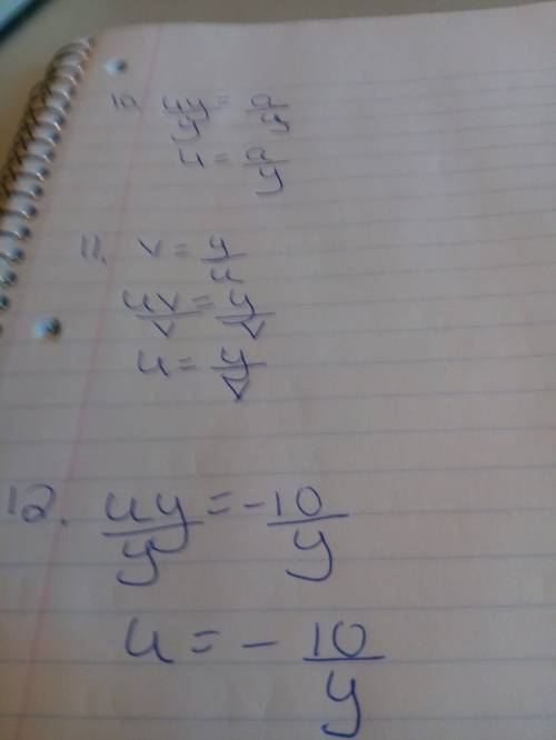 Rewrite these formulas:  solve for u in terms of the other variables. 1. uc = v 2. y = -6u 3. y/u =