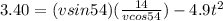 3.40 = (vsin54)(\frac{14}{vcos54}) - 4.9 t^2