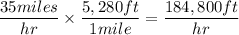 \dfrac{35miles}{hr}\times \dfrac{5,280ft}{1mile}=\dfrac{184,800ft}{hr}