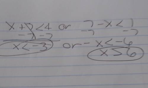Solve the inequality:  x+7 <  4 or 7-x <  1  show all work!
